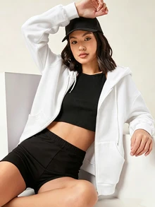 SHEIN BASICS 舒適抓絨落肩拉鍊連帽衛衣，秋冬長袖上衣 - 白色 - 查看 3