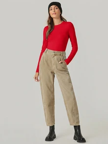 SHEIN BASICS 女款休閒百搭純色修身長袖T恤上衣 白色 - 紅色 - 查看 4