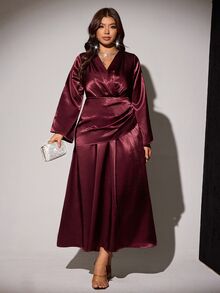 Viva Relle Plus Size Burgundy Satin V-Neck Fitted Ruched Waist Flared Long Sleeve Draped Asymmetrical Hem Evening Dress Fall - Burgundy - View 6