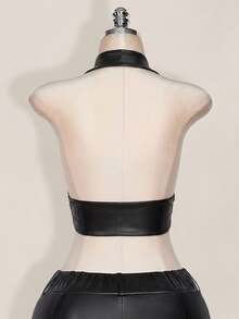 SHEIN MOD 大尺碼女款純色深V領短版性感掛脖背心 - 黑色 - 查看 3