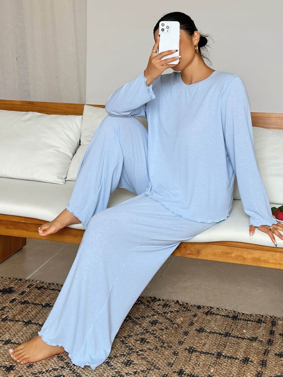 Dazy Plus Spring/Autumn Casual Solid Color Minimalist Knitted Dense Hem Wavy Edge Loungewear Set - Baby Blue - View 1