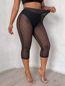 SHEIN SXY 大尺碼女款素色鏤空休閒百搭日常穿著緊身內搭褲 - 黑色 - 查看 4