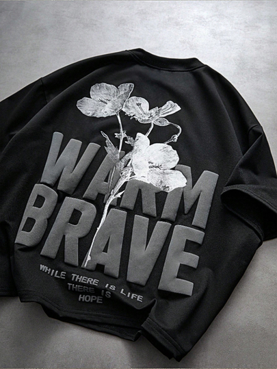 PAVTROS Camiseta Masculina Plus Size com Estampa Floral & Inglesa 3D Puff, Cores Preto & Branco, Adequada para Verão, Streetwear, Viagens Curtas na Cidade & Festivais de Música, Presente para Namorado