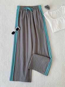 Comfortcana 女款棕色側條紋鬆緊腰休閒寬鬆運動長褲 秋季女裝 女款運動服 健身運動裝 國慶穿搭 - 灰色 - 查看 4