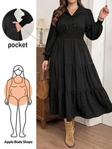 Shapeblank Plus Size Shirred Waist Pocket Button Long Sleeve Dress Fall - Black - View 1
