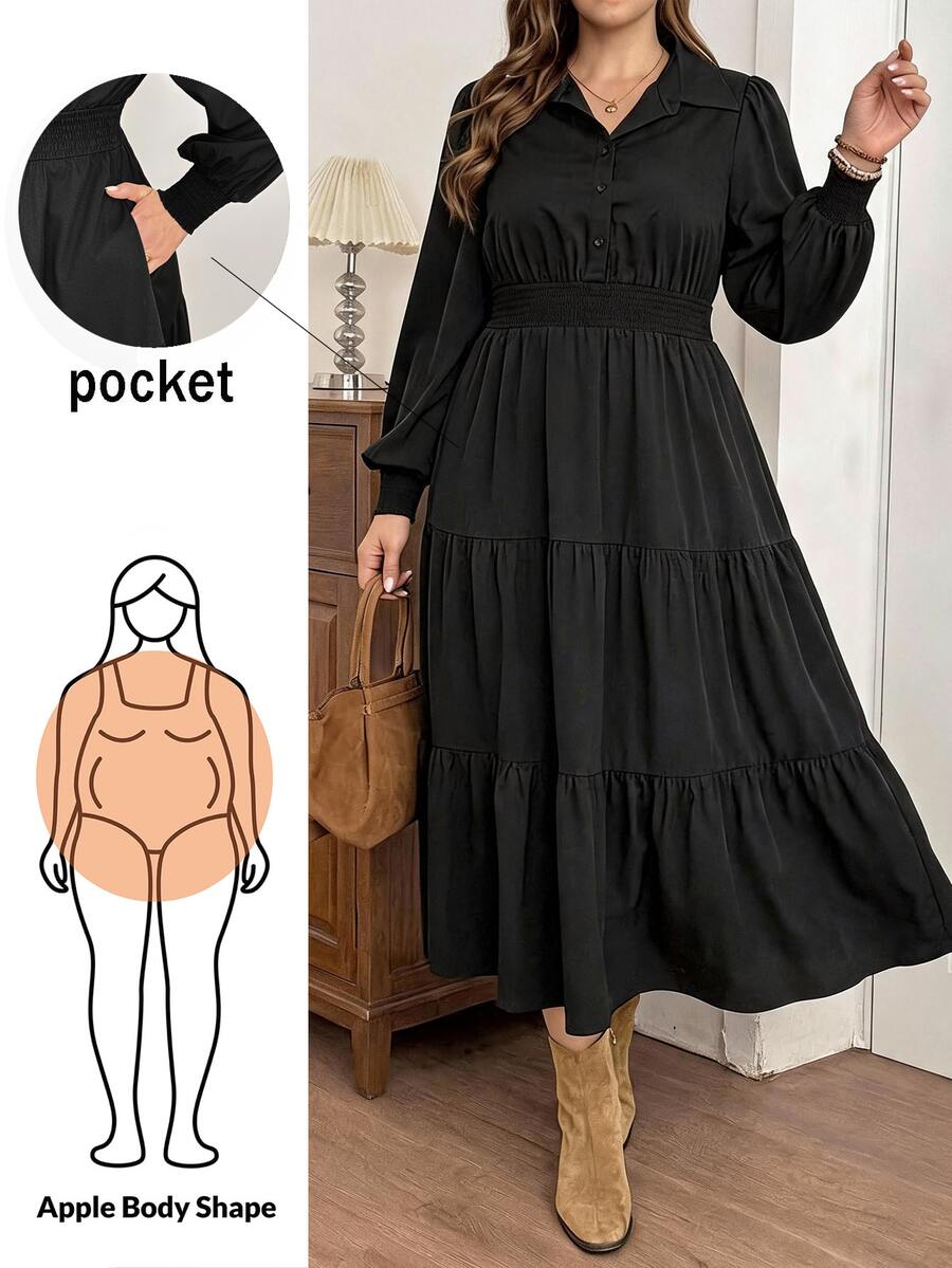 Shapeblank Plus Size Shirred Waist Pocket Button Long Sleeve Dress Fall - Black - View 1
