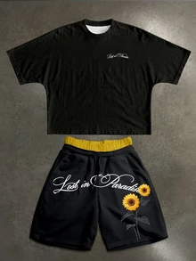 Manfinity ZONE917 Boxy Cropped Street Sunflower Graphic Print Batwing Sleeve T-Shirt & Double Waistband Short Sweatpants Set - Black - View 5