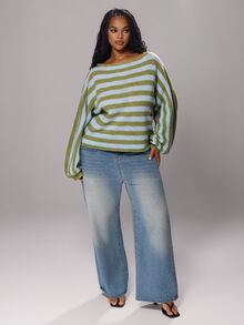 Rustia Women's Plus Size Loose Knit Striped Pullover Sweater - Green - View 7
