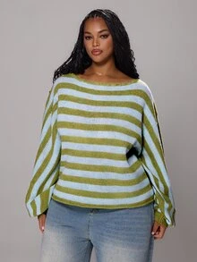 Rustia Women's Plus Size Loose Knit Striped Pullover Sweater - Green - View 5