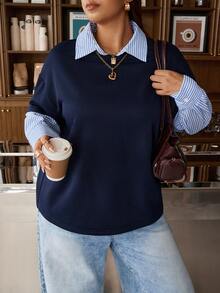 Muchica New Autumn Style, Plus Size Women's Striped Two-In-One Patchwork Layered Long-Sleeved T-Shirt - Navy Blue - View 1