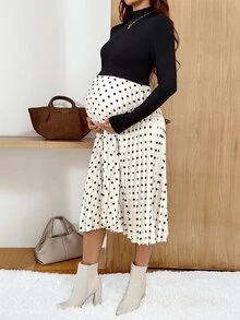 MaterniWear Maternity Patchwork Polka Dot Print High Neck Long Sleeve Nursing Dress - Black - View 7