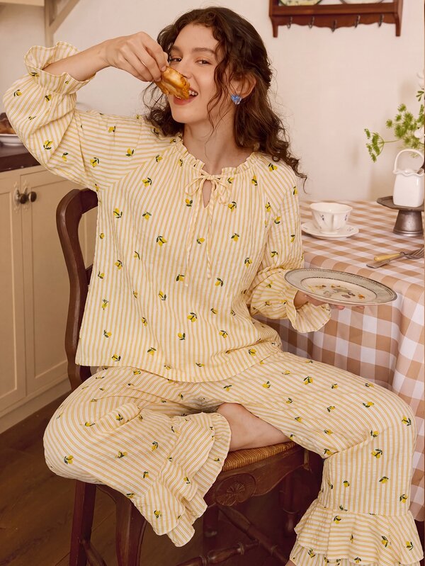 Tulorae Romantic Pastoral Floral Long Sleeve Long Pants Women's Pajama Set