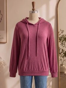 Rusticease Plus Size Solid Pink Hooded Long Sleeve Drawstring Casual Traditional Baggy Sweatshirt Autumn 2026 Formal Home Wear Vacation - Redwood - View 8