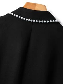 Selianne Women's Black Blazer With Lapel, Puff Sleeves, Cinched Waist, Pearl Buttons, Ruffle Hem, Heavy Beading, Elegant Commuter Design, Romantic Fashion - Black - View 8