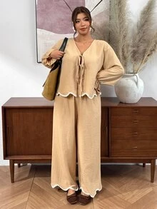 Lounesse Plus Size Women's Front Tie Long Sleeve Shirt And Wide Leg Pants Casual 2 Pieces Set - Mocha Brown - View 1