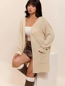 CovetEZ 秋冬款柔軟羅紋針織休閒大尺碼開襟外套 - 杏色 - 查看 4