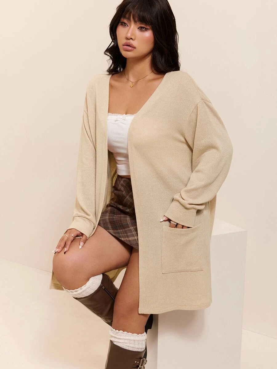 CovetEZ Autumn/Winter Soft Ribbed Knit Casual Plus Size Cardigan Jacket - Apricot - View 1