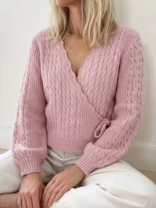 Sprig & Strand Women's Braided Wrap Tie Waist Knitted Cardigan - Pink - View 1