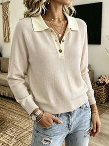 SHEIN Holidaya Women's Colorblock Raglan Long Sleeve Polo Collar Casual Sweater - Apricot - View 1