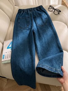 SHEIN 青少年女孩牛仔寬腿褲，夏季新款經典復古深藍色水洗，半彈性腰頭，穿著舒適，直筒寬鬆寬腿版型，適合度假、日常通勤、校園穿搭、週末出遊 - 中等水洗藍 - 查看 2