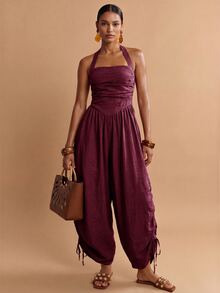 Zivah Women's Solid Color Pleated Side Drawstring Design Halter Neck Jumpsuit - Burgundy - View 9