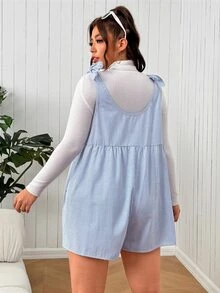 SHEIN EZwear 大尺碼女款條紋肩結休閒連身短褲 - 藍白色 - 查看 2