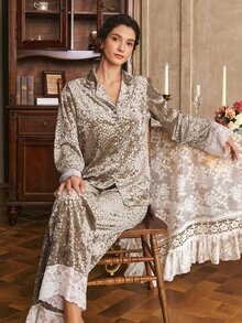 Côtesoire South France Elegant Romantic Leopard Print Open Front Long Sleeve Long Pants Women's Pajama Set - Apricot - View 6