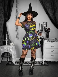 Whyspr BATMAN X SHEIN Plus Size Women's Patchwork Fishnet Cartoon Print Short Sleeve Casual Dress - Black - View 6