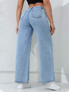 SHEIN PETITE 休閒水洗無彈力直筒牛仔褲 - 藍色 - 查看 2