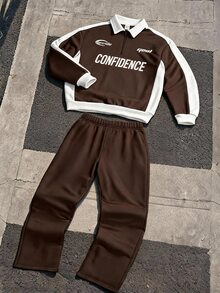 SHEIN 青少年男孩休閒舒適百搭拼色 Polo 領運動衫與長褲套裝 - 彩色 - 查看 7