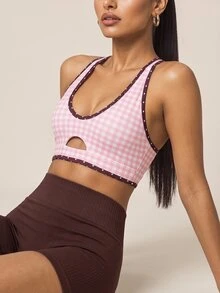 SHEIN BAE Women Pink Plaid Padded Cross Back Sports Bra Checkered Print Contrast Trim Gym Workout Training Running Yoga Athletic Sportswear Top - Baby Pink - View 5