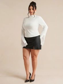 SHEIN BAE CURVE Plus Size Autumn/Winter Solid White Mock Neck Long Sleeve Ribbed Knit Cuff Contrast Lace Women's Top, Practical Base Layer, Fall Outfits,Basics Top - White - View 4