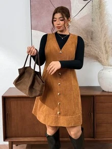 Lounesse 大尺碼女款 V 領單排扣休閒背心裙 - 棕色 - 查看 3