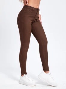 SHEIN ICON 女款休閒日常牛仔長褲，附口袋與鈕扣設計 - 咖啡棕 - 查看 5