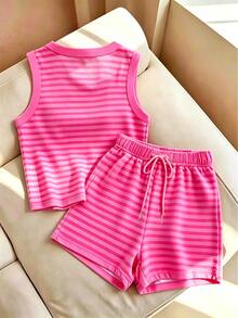 Franclia Women's Striped Round Neck Tank Top And Drawstring Waist Shorts Casual Set - Hot Pink - View 2