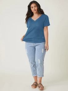 SHEIN BASICS 大尺碼女款純色V領休閒日常T恤 - 霧霾藍 - 查看 3