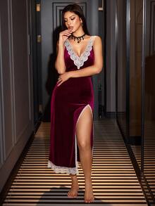 SilkySpell Autumn/Winter Velvet Deep V-Neck Lace Patchwork Thigh Slit Design Fitted Long Slip Nightgown - Red Violet - View 8