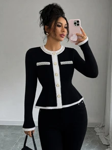Elenzga Women's Colorblock Faux Pearl Decor Casual Versatile Cardigan - Black - View 1