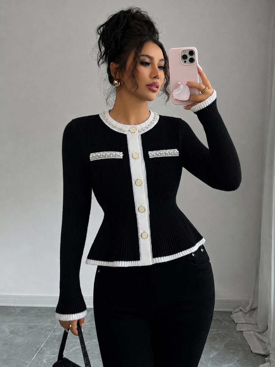 Elenzga Women's Colorblock Faux Pearl Decor Casual Versatile Cardigan - Black - View 1
