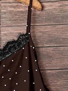SHEIN VCAY Plus Size Women's Contrast Lace Polka Dot Print Camisole - Brown - View 3