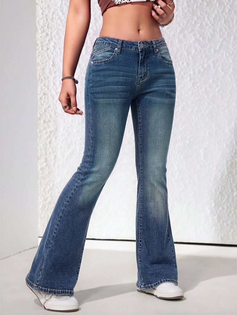 SHEIN Casual Street Style Low Waist Vintage Washed Flared Jeans With Diagonal Pockets And Back Pockets, Leg-Lengthening Floor-Length Pants - Medium Wash - View 1