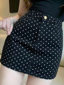 DAZY Women's Fashion Polka Dot Print Button Denim Mini Skirt - Black - View 1