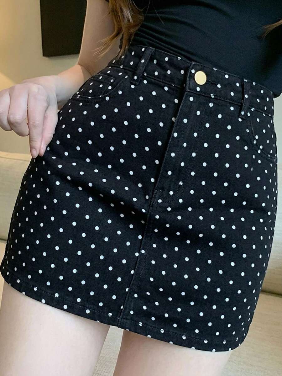 DAZY Women's Fashion Polka Dot Print Button Denim Mini Skirt - Black - View 1