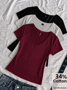 SHEIN EZwear 3件組女款純色V領短袖休閒T恤 - 彩色 - 查看 1