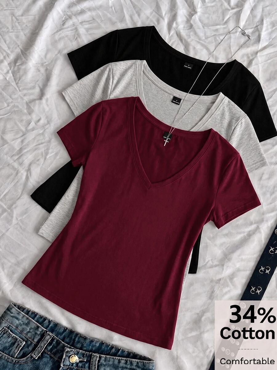 SHEIN EZwear 3件組女款純色V領短袖休閒T恤 - 彩色 - 查看 1