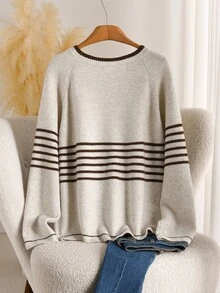 CosyJoli Plus Size Women Brown Striped Crew Neck Dolman Sleeve Pullover Sweater Simple Casual Autumn Winter Top - Multicolor - View 3