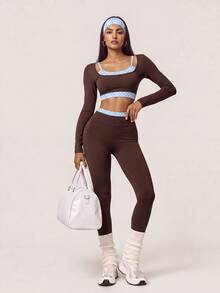 SHEIN BAE Women Brown Cross Back Open Back Long Sleeve T-Shirt Gym Workout Training Running Yoga Athletic Activewear - Coffee Brown - View 5