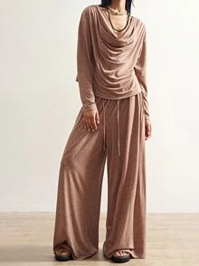 Bohemela Women's Solid Color Asymmetric Shoulder Long Sleeve T-Shirt And Pants Casual Set - Khaki - View 6