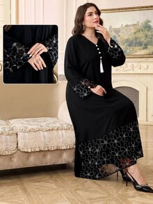 Al Najma 大尺碼女款優雅V領水鑽長袖阿拉伯風洋裝 - 黑色 - 查看 6