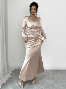 Elenzga Women's Solid Color V-Neck Pleated Elegant Waist-Cinching Party Dress - Champagne - View 3